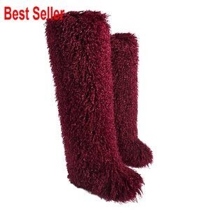 Thigh High Faux Fur Boots, Over the Knee Flat Winter Boots
